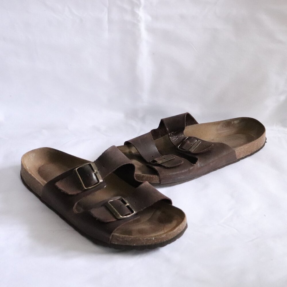 Autenti Unisex Sz 43 Brown Buckle Leather Socks Casual‎ Slip On Sandals